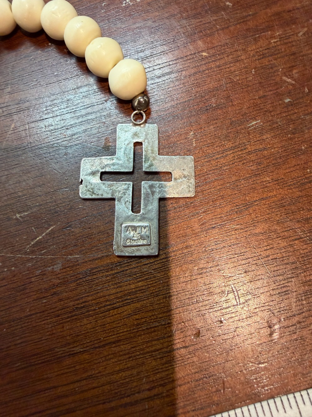 Vintage Southwestern AJM Stamped 925 Silver Cross Pocket Rosary Bracelet Bead - Picture 2 of 8